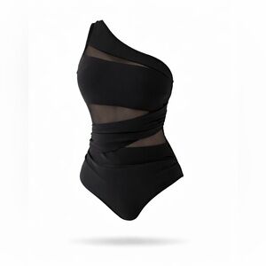 Black One Shoulder Mesh Cutout Swimsuit | SIZE SMALL | Sculpting Fit